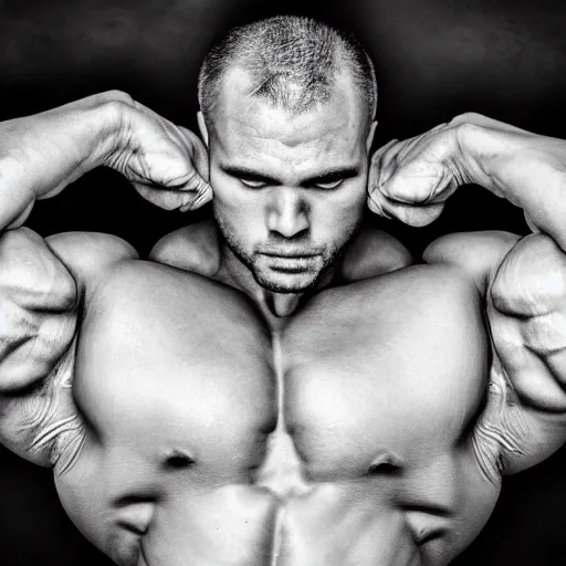 Prompt: grayscale photo of a bodybuilder with a very defined chin