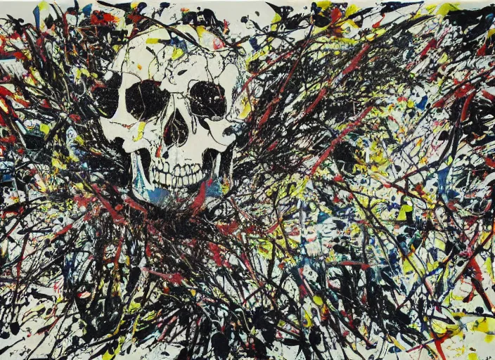 Prompt: a splattered painting by jackson pollock showing a skull, ultradetailed fine art printing,