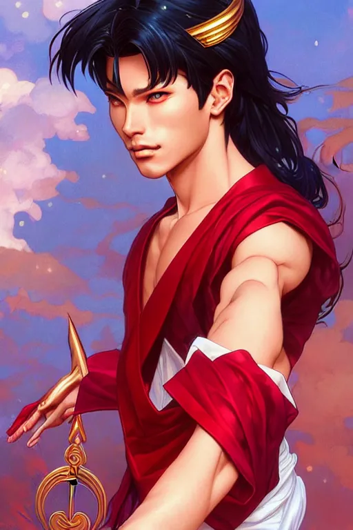 Image similar to a male version of Sailor Mars, fantasy, intricate, elegant, highly detailed, digital painting, artstation, concept art, matte, sharp focus, illustration, art by Artgerm and Greg Rutkowski and Alphonse Mucha