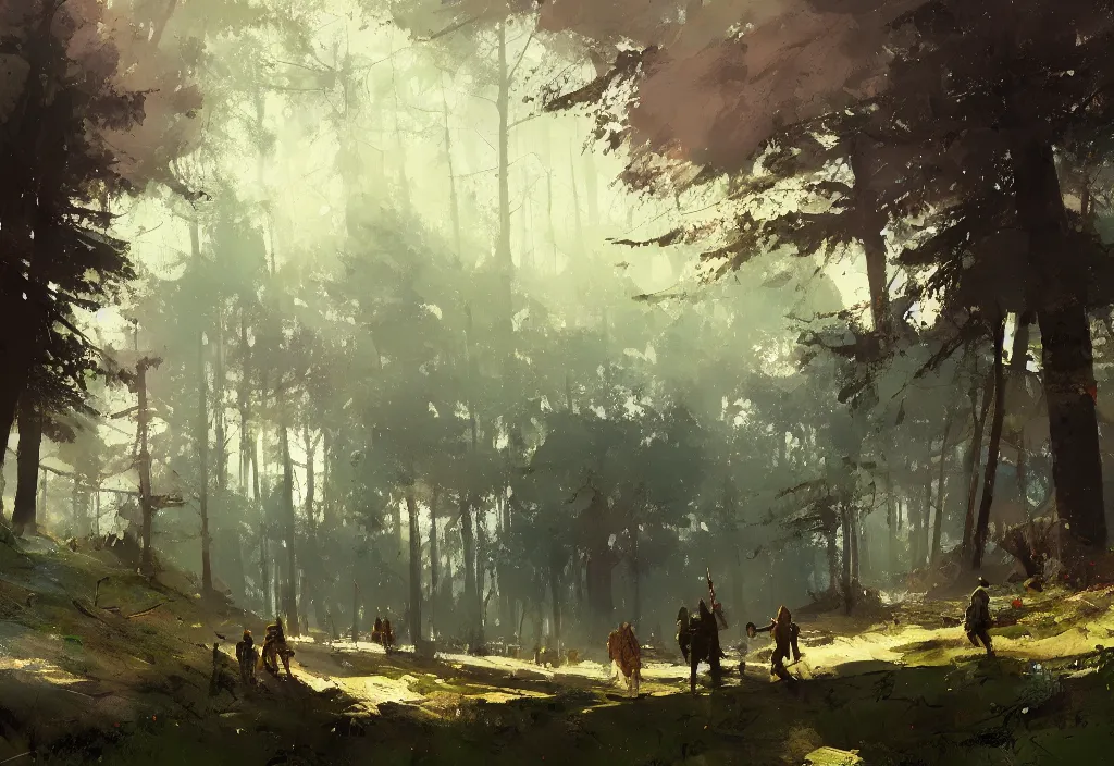 Image similar to ismail inceoglu painting of a forest landscape in the middle ages, painting, trending on artstation, by greg manchess and by craig mullins and by kilian eng and by jake parker