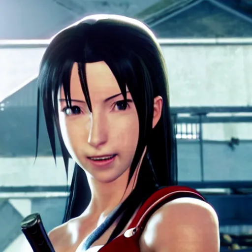 Image similar to Tifa Lockhart from Final Fantasy VII Remake (2020) laughing with the Italian flag in the background