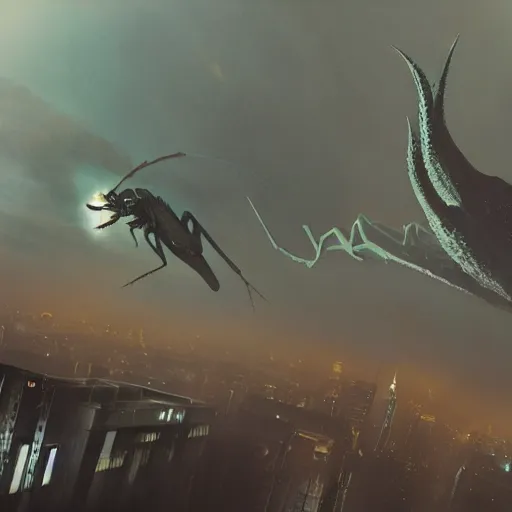 Image similar to a mantis kaiju with spread wings attacking a city, legendary epic shot, blade runner, low camera angle, dust, by artgerm, cloverfield movie, julie bell, beeple and Greg Rutkowski, airbrush, concept art, matte painting, 80s, Smooth gradients, octane render, 8k, High contrast, duo tone, depth of field, volumetric lightning, very coherent artwork