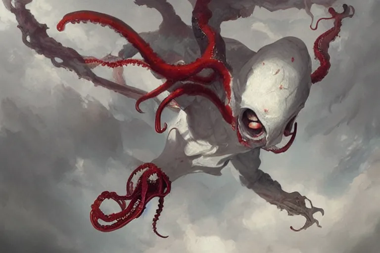 Image similar to painting by greg rutkowski of a flying chalk white human face!!!, with tentacles coming of the neck, red eyes, flying in a terrying hell like cavernous place