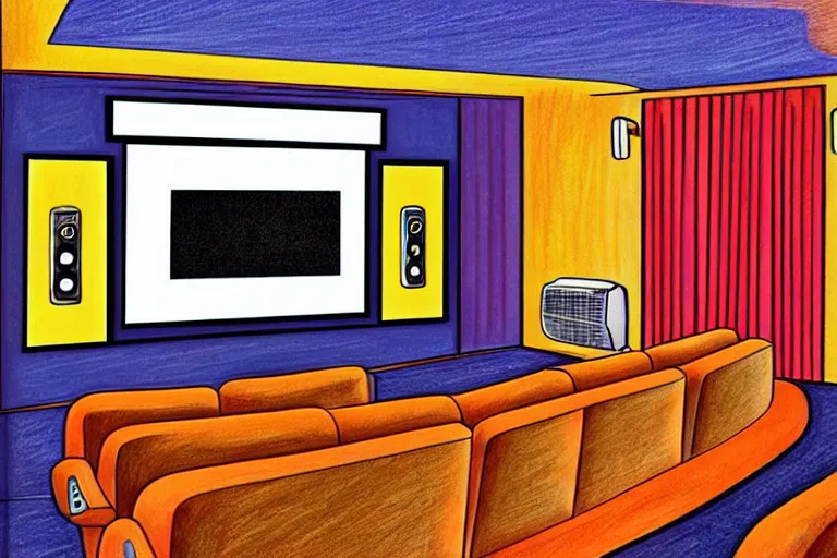 Image similar to wide view, a modern home movie theater with big screen, comfortable, stylish decor, popcorn machine!, movie posters!, very happy, interior designed by kelly wearstler, rough color pencil illustration