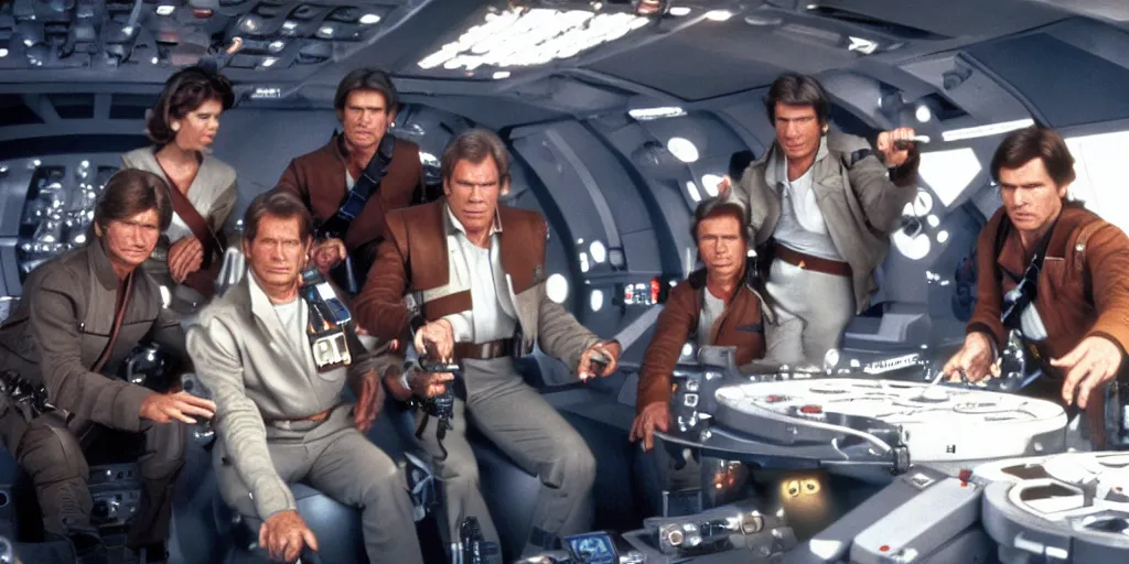 Image similar to a full color still of the control bridge of a spaceship with a middle-aged Harrison Ford as Han Solo standing in the middle, dressed in an admirals uniform, cinematic lighting, 1999, directed by Steven Spielberg, 35mm