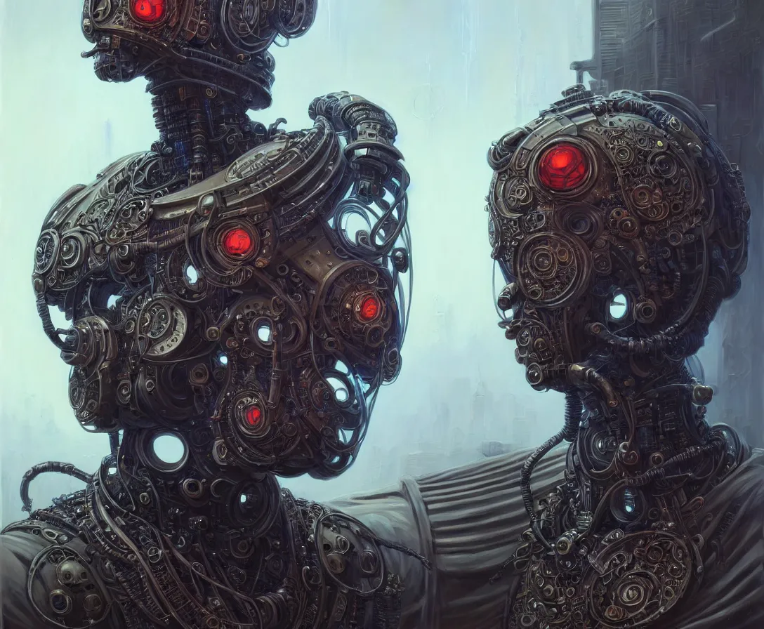 Prompt: low angle shot of a cyberpunk robot character wearing a gazmask, intricate, elegant, highly detailed, centered, front, digital painting, artstation, concept art, smooth, sharp focus, illustration, artgerm, Tomasz Alen Kopera, Peter Mohrbacher, donato giancola, Joseph Christian Leyendecker, WLOP, Boris Vallejo