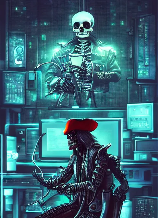 Image similar to a cyberpunk hacker pirate captain skeleton with a pirate hat sitting in front of a huge old crt monitor in a dark room, highly detailed, intricate, digital art, trending on artstation, trending on cgsociety