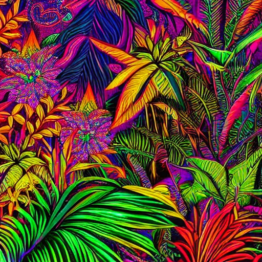 Image similar to psychedelic jungle, 8k, extremly detailed, sharp, colorful