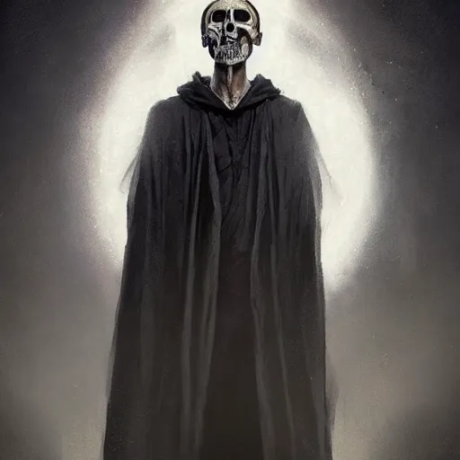 Image similar to a beautiful portrait of a short teenager necromancer with skull facepaint in black robes, sharp chin, by Greg Rutkowski and Raymond Swanland, Trending on Artstation, ultra realistic digital art