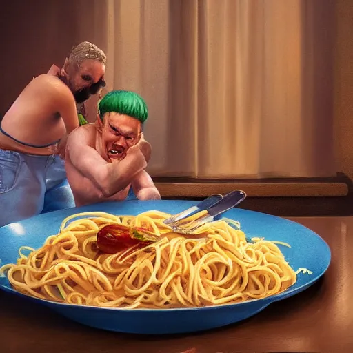 Image similar to Papayathief and James fight over pasta, hyperrealistic render, highly detailed, 4k, artstation