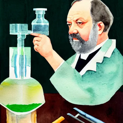 Prompt: a watercolor portrait of louis pasteur in color with lab tools, by nick runge