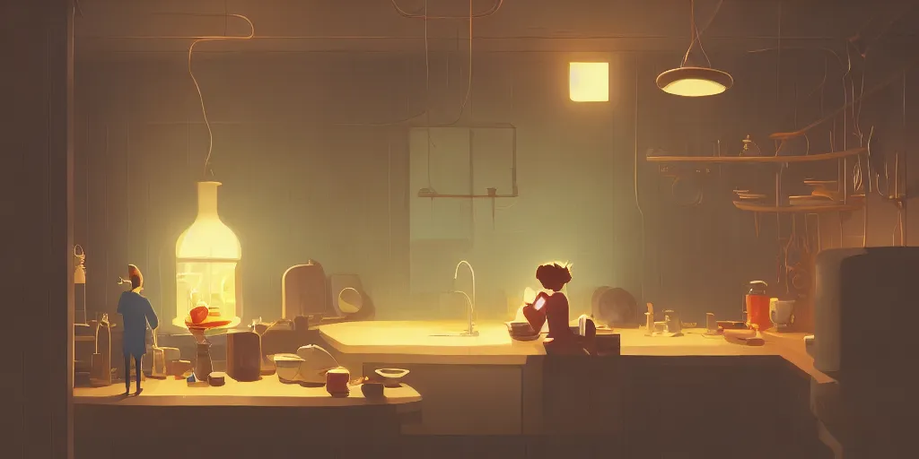 Image similar to cute solitary kitchen dim lit by a candle ripped physique simon stalenhag gerald brom bastien grivet by greg rutkowski, game background, fisheye lens, high angle view, curved lines