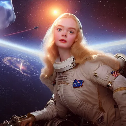 Prompt: sargent and leyendecker and peter paul rubens, head and shoulders portrait of a elle fanning in space, stephen bliss, unreal engine, fantasy art by global illumination, radiant light, detailed and intricate environment