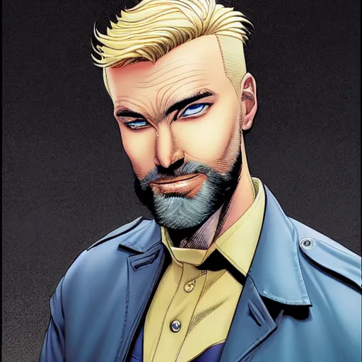 Image similar to portrait of a blonde pale police officer with short hair and a patchy beard, close up, grimy streets backdrop, detailed, art by russell dauterman and patrick gleason and stefano caselli and marco checchetto and esad ribic