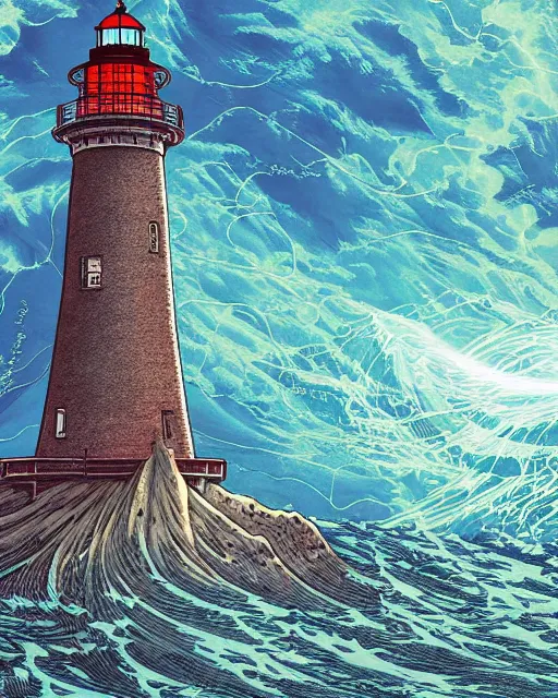 Prompt: a beautiful depiction of an ocean maelstrom, with a giant octopus attacking a lighthouse that is sending out beams of light, digital art detailed matte rendering by dan mumford and m. w kaluta, 8 k resolution