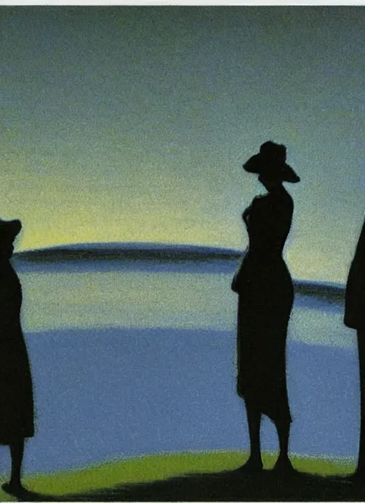 Prompt: silhouetted figures in the night enshrouded in an impressionist representation of Mother Nature and the meaning of life by Edward Hopper and Igor Scherbakov, the figures cast their shadows on the still water, abstract colorful lake garden at night, the moon reflects in the water, thick visible brush strokes, figure painting by Anthony Cudahy and Rae Klein, vintage postcard illustration, minimalist cover art by Mitchell Hooks