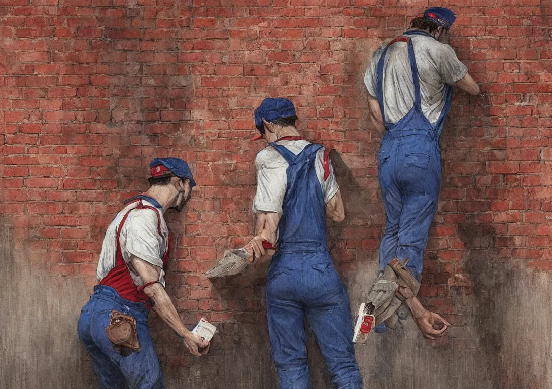 Prompt: italian man in blue overalls and red shirt with a red baseball cap and a big brown mustache with his back against a brick wall, dark mood, horror, silent hill, highly detailed, digital painting, artstation, illustration, art by artgerm and greg rutkowski and alphonse mucha and krenz cushart