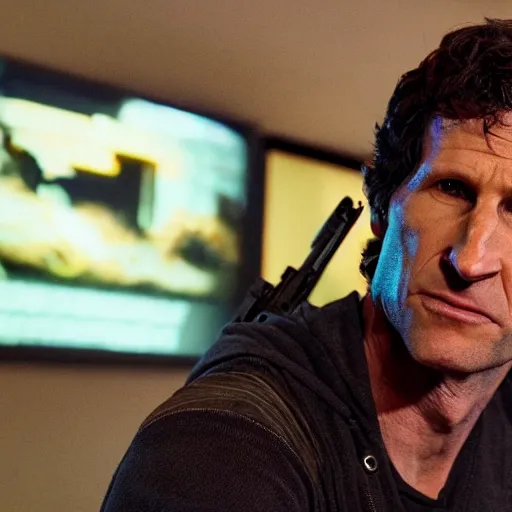 Prompt: todd howard pointing a gun towards the camera and forcing you to buy skyrim, threatening, sharp, cinematic, colorful, digital, neon, bright