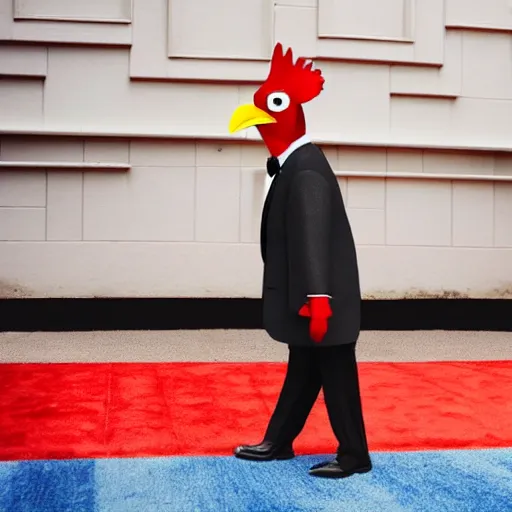 Image similar to a wide shot from a low angle of a chicken dressed in a suit stepping out of a limo and onto a red carpet