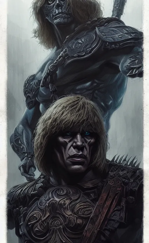Image similar to uncut portrait of he - man, dark and mysterious and eerie and ominous character, cinematic, epic, highly detailed, intricate, illustration, artwork by marcus whinney and greg rutkowski
