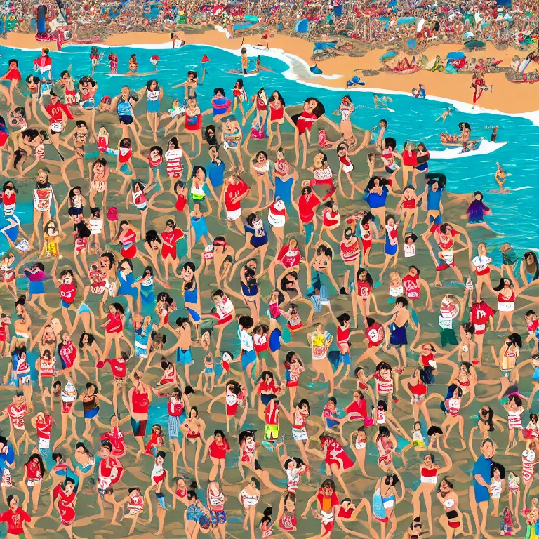 Prompt: high detailed full page spread from the where's waldo at a densely populated beach, high angle medium wide, where's waldo character large in the top right, high detail illustration, coherent
