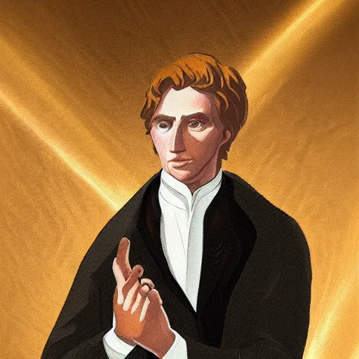 Image similar to mormon prophet, joseph smith, holding up the gold plates, conceptart, trending on artstation