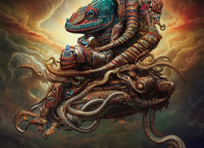 Prompt: vishnu sitting on adishesha, a cobra with many heads and a couch, floating across the cosmic ocean, digital art, octane render, highly detailed, intricate, by android jones