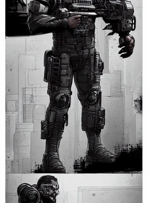 Image similar to Dumb Bubba. Buff cyberpunk meathead trying to intimidate a hacker. Realistic Proportions. Concept art by James Gurney and Laurie Greasley. Moody Industrial skyline. ArtstationHQ. Creative character design for cyberpunk 2077.