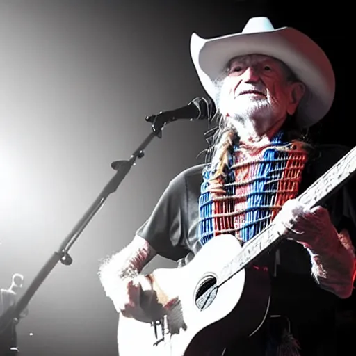 Image similar to willie nelson on stage, guitar. god rays through fog.