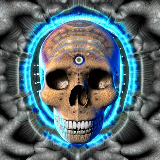 Image similar to fractal skull afro third eye art art by machina infinitum, rendered in octane, mandelbulb 3 d, ambient occlusion, macro photography