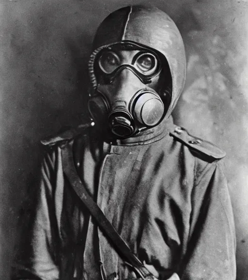 Image similar to man in a anti-radiation suit and gasmask, ww1 film photo, grainy, high detail, high resolution