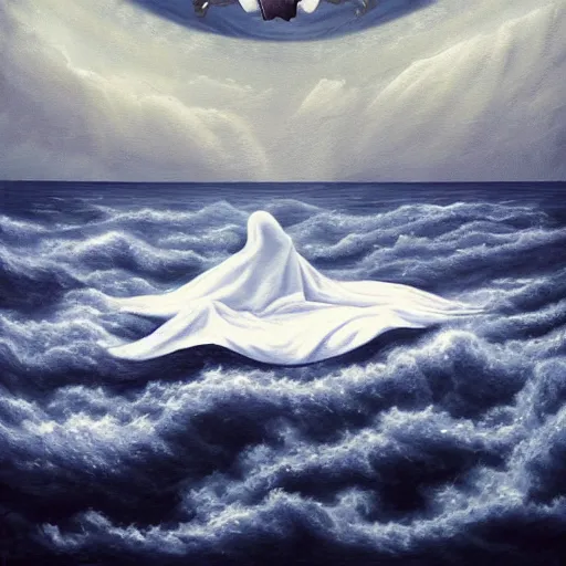 Image similar to ominous bedsheet ghost floating above the ocean, oil painting, brush strokes, gloomy foggy atmosphere, symmetrical, full body image, highly ornate intricate details,