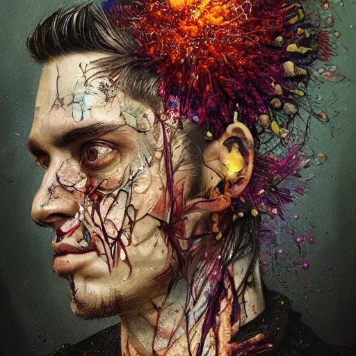 Prompt: art portrait of a man with flowers exploding out of head, decaying ,8k,by tristan eaton,Stanley Artgermm,Tom Bagshaw,Greg Rutkowski,Carne Griffiths, Ayami Kojima, Beksinski, Giger,trending on DeviantArt,face enhance,hyper detailed,cityscape background,cybernetic, android, blade runner,full of colour,