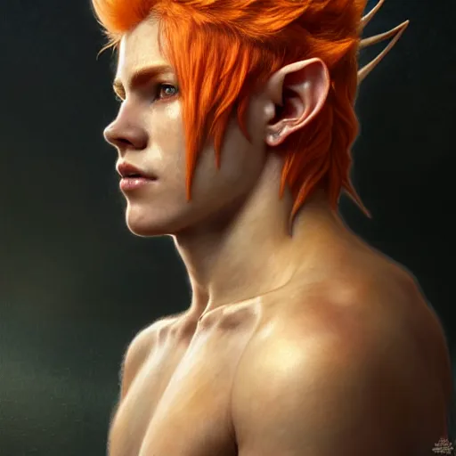 Prompt: portrait painting of an elven male teen with short light orange hair and tribal tattoos on his face wearing fur armor, ultra realistic, concept art, intricate details, eerie, highly detailed, photorealistic, octane render, 8 k, unreal engine. art by artgerm and greg rutkowski and charlie bowater and magali villeneuve and alphonse mucha