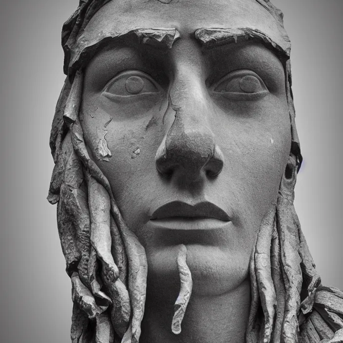 Prompt: stoic statue with empty eyes and a trail of tears made out for gold, vaporwave, aesthetic, naturel, hyper detailed, digital sculpture, trending in artstation, cinematic lighting, studio quality, smooth render, unreal engine 5 rendered, octane rendered, art style by klimt and nixeu and ian sprigger and wlop and krenz cushart