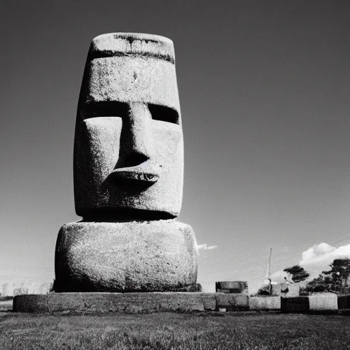 Image similar to black and white noir film with moai