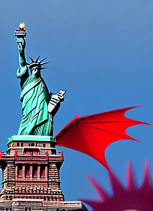 Image similar to red dragon under statue of liberty