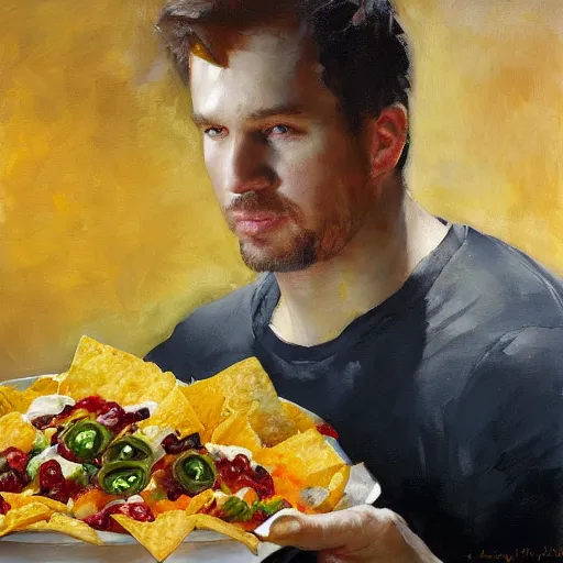 Image similar to portrait nachos with cheese and jalapeno, white background, detailed painting, epic lighting, by ilya repin, phil hale and kent williams