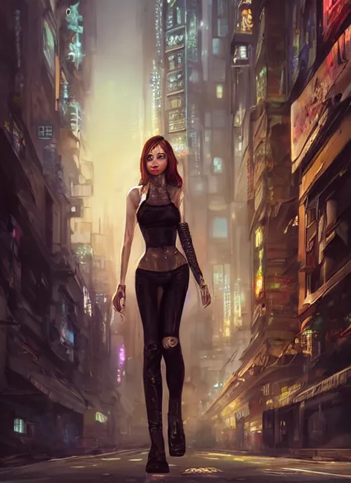 Image similar to a beautiful woman walking through a cyberpunk city, full body, realistic, highly detailed, science fiction portrait by laura sava