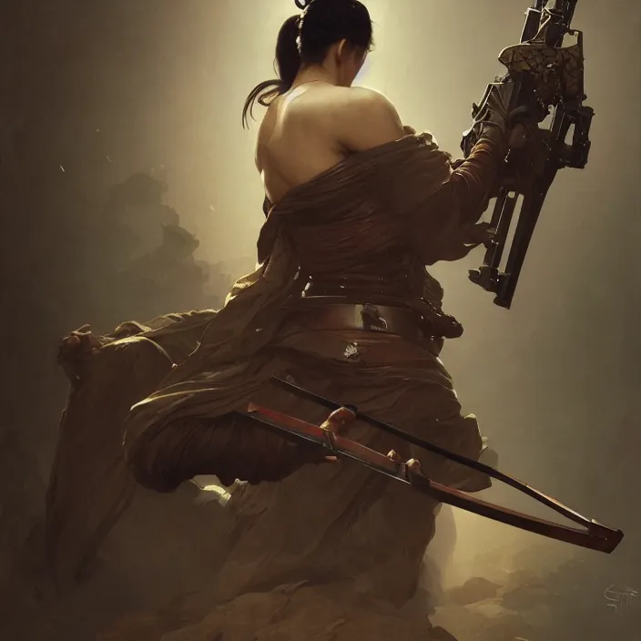 Image similar to a samurai holding a machine gun, au naturel, intricate, hyper realise, digital art, artstation, concept art, smooth render, sharp focus, ian sprigger, artgerm, greg rutkowski, alphonse mucha, william adolphe bouguereau