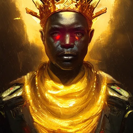 Image similar to a dark and ominous african moor with glowing eyes and a golden crown with a ruby crying tears of gold in a thunderstorm, Apex Legends character digital illustration portrait design, by android jones and greg rutkowski in a cyberpunk voodoo style, detailed, cinematic lighting, wide angle action dynamic portrait