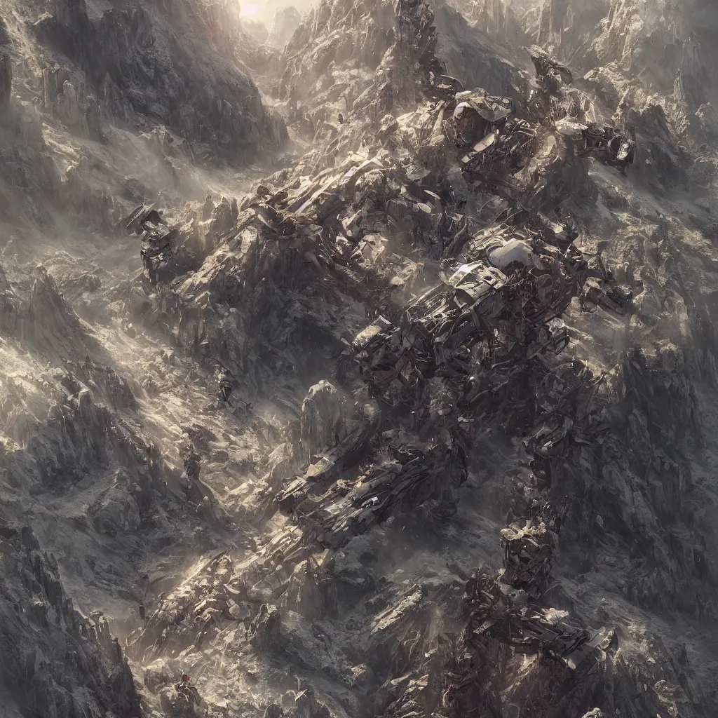 Image similar to a detailed portrait of a giant humanoid robots buried half way in the mountains by Greg Rutkowski, Sung Choi, Mitchell Mohrhauser, Maciej Kuciara, Johnson Ting, Maxim Verehin, Peter Konig, final fantasy, Marco lense , 8k photorealistic, cinematic lighting, HD, high details, atmospheric , trending on artstation