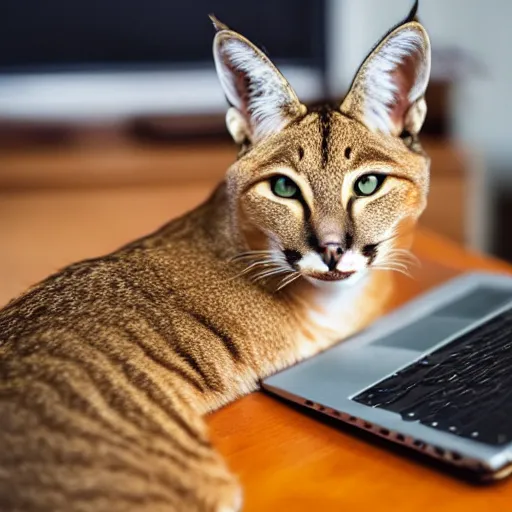 Image similar to cat caracal sitting in front of a laptop and typing something