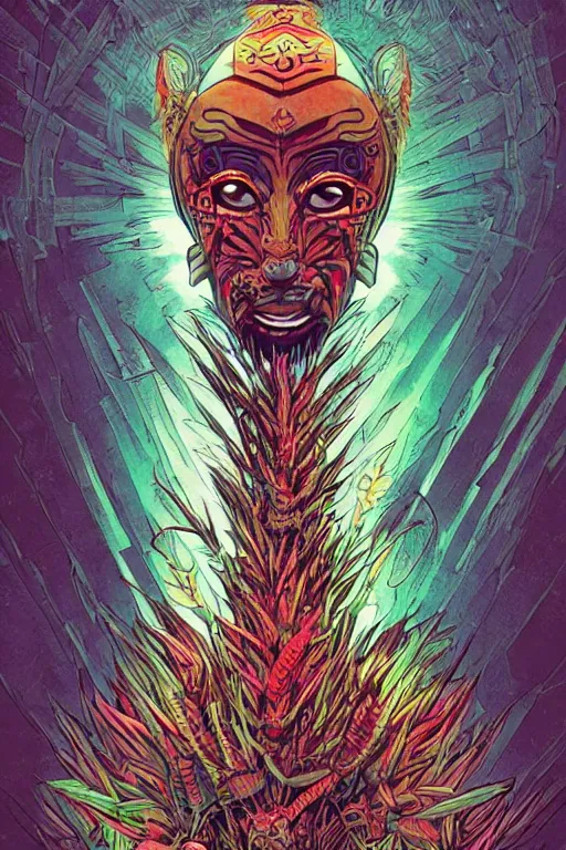 Image similar to totem animal tribal chaman vodoo mask feather gemstone plant video game illustration that looks like it is from borderlands and by feng zhu and loish and laurie greasley, victo ngai, andreas rocha, john harris radiating a glowing aura