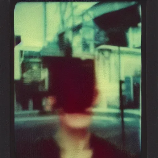 Prompt: glitchpunk damaged polaroid photo of a blurry woman in a dark dystopian future