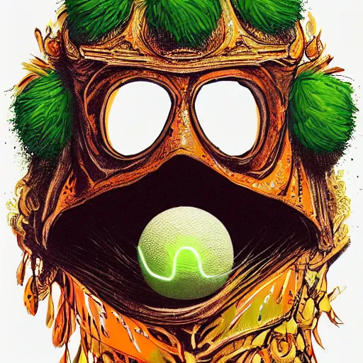 Image similar to a tennis ball monster , orange balaclava, cherub, wings, multiple gold chain necklace, digital art, fantasy, magic, trending on artstation, ultra detailed, professional illustration by Basil Gogos