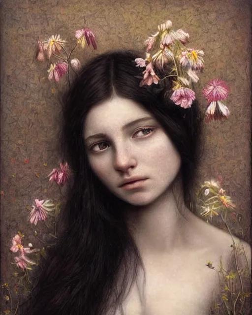 Prompt: a girl with long black hair holding a flower, a character portrait by Brad Kunkle, pinterest, pre-raphaelitism, pre-raphaelite, made of flowers, enchanting