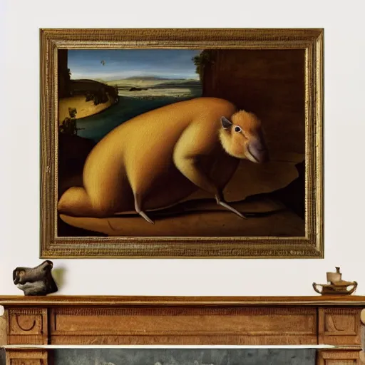 Image similar to a renaissance painting of a capybara in a cozy living room by the fireplace