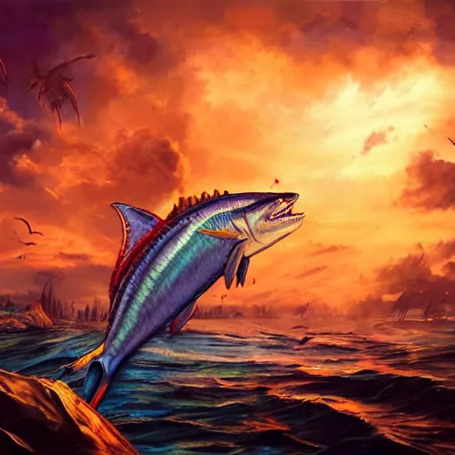 Image similar to zombified marlin, beautiful composition, wide angle, colorful, cinematic, volumetric lighting, intricate details painting