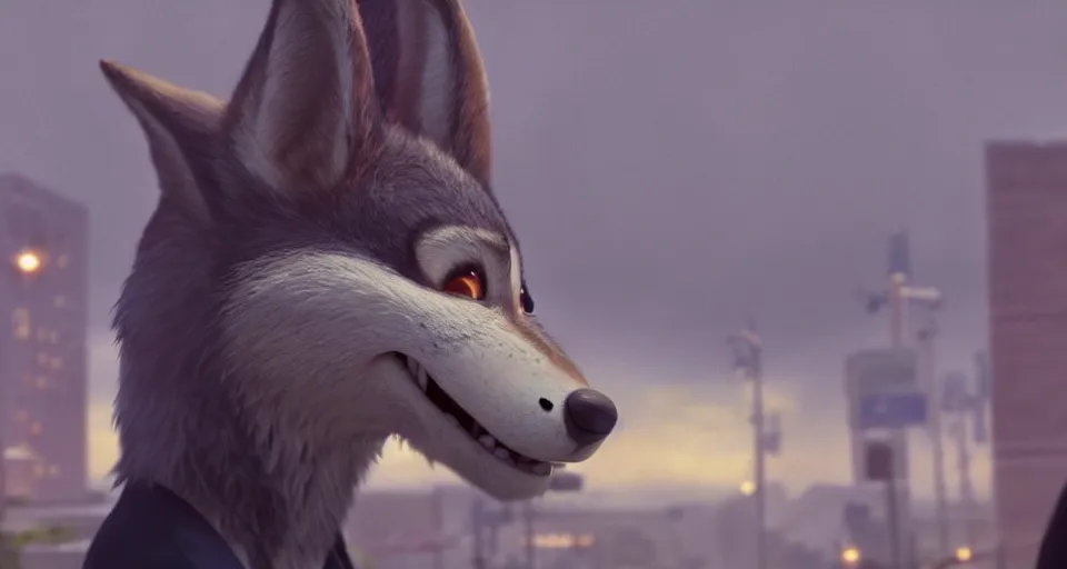 Image similar to a film still from zootopia main character portrait anthro anthropomorphic wolf security guard head animal person fursona pixar disney animation sharp rendered in unreal engine 5 anime key art by greg rutkowski bloom dramatic lighting modeling beginner render